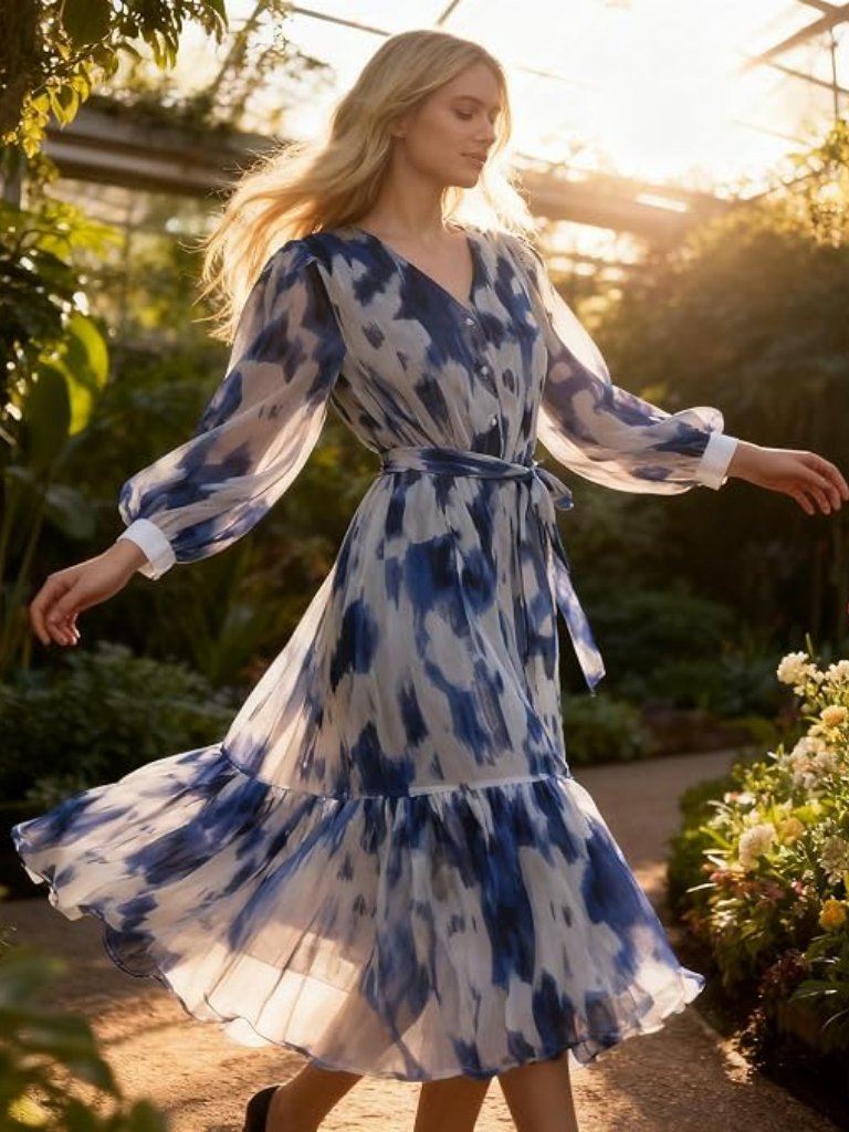 Dkny Chiffon Long Sleeve Dress With Collar
